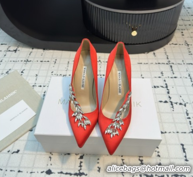 Stylish Manolo Blahnik Satin Pumps with Wheat Ear Rhinestone 9cm Heel 5112511 Red 2026