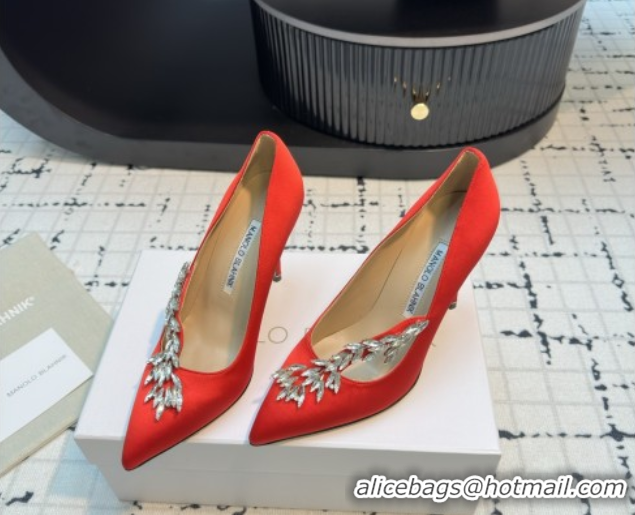 Stylish Manolo Blahnik Satin Pumps with Wheat Ear Rhinestone 9cm Heel 5112511 Red 2026