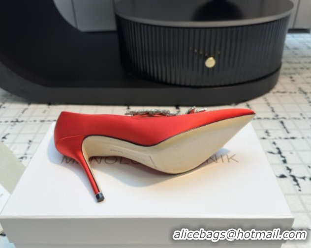 Stylish Manolo Blahnik Satin Pumps with Wheat Ear Rhinestone 9cm Heel 5112511 Red 2026