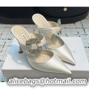Hot Style Manolo Blahnik Crystals Embellished Mules in Satin 9cm Heel 5112514 White 2026
