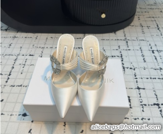 Hot Style Manolo Blahnik Crystals Embellished Mules in Satin 9cm Heel 5112514 White 2026