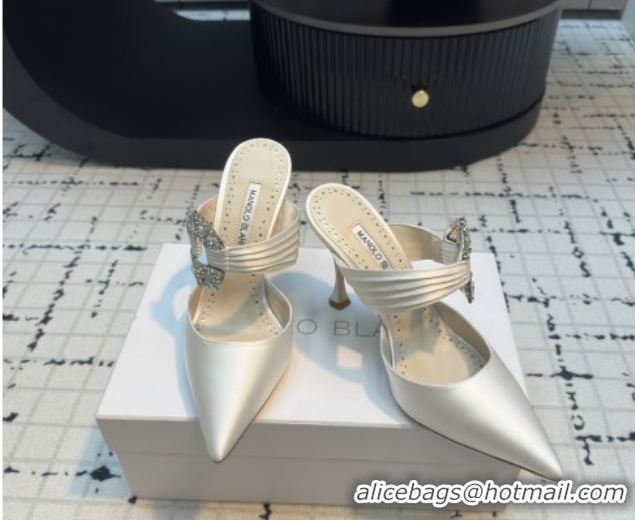 Hot Style Manolo Blahnik Crystals Embellished Mules in Satin 9cm Heel 5112514 White 2026