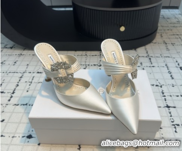 Hot Style Manolo Blahnik Crystals Embellished Mules in Satin 9cm Heel 5112514 White 2026