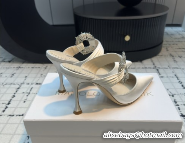 Hot Style Manolo Blahnik Crystals Embellished Mules in Satin 9cm Heel 5112514 White 2026