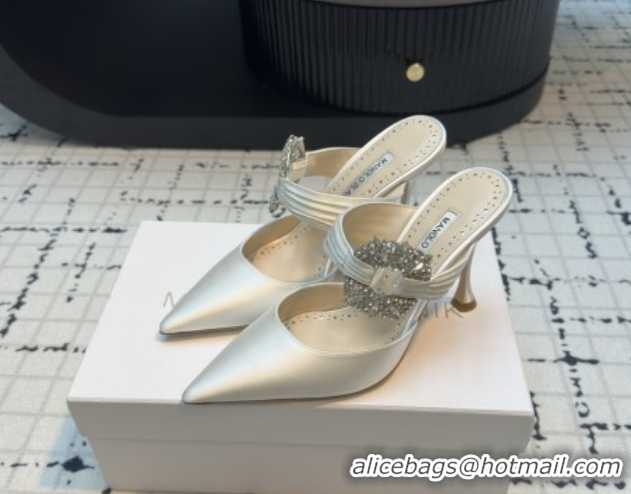 Hot Style Manolo Blahnik Crystals Embellished Mules in Satin 9cm Heel 5112514 White 2026