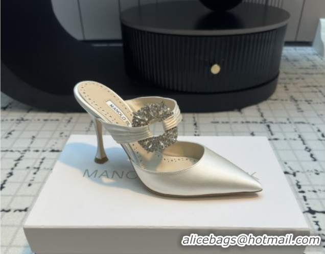 Hot Style Manolo Blahnik Crystals Embellished Mules in Satin 9cm Heel 5112514 White 2026