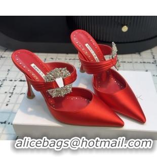 Popular Style Manolo Blahnik Crystals Embellished Mules in Satin 9cm Heel 5112514 Red 2026