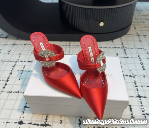 Popular Style Manolo Blahnik Crystals Embellished Mules in Satin 9cm Heel 5112514 Red 2026