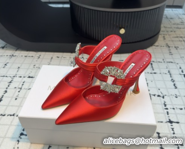Popular Style Manolo Blahnik Crystals Embellished Mules in Satin 9cm Heel 5112514 Red 2026