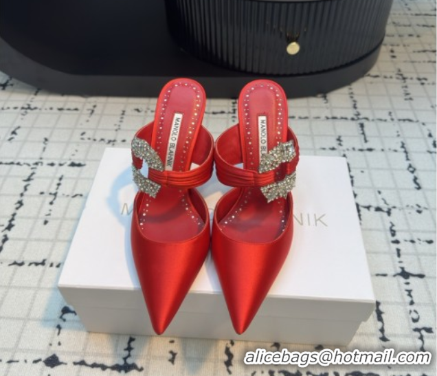 Popular Style Manolo Blahnik Crystals Embellished Mules in Satin 9cm Heel 5112514 Red 2026