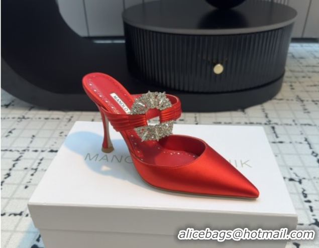 Popular Style Manolo Blahnik Crystals Embellished Mules in Satin 9cm Heel 5112514 Red 2026
