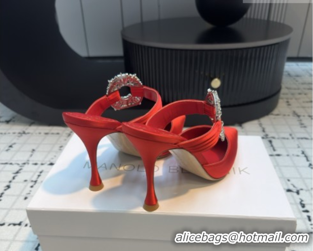 Popular Style Manolo Blahnik Crystals Embellished Mules in Satin 9cm Heel 5112514 Red 2026
