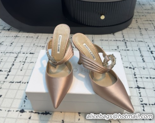 Classic Hot Manolo Blahnik Crystals Embellished Mules in Satin 9cm Heel 5112514 Nude 2026
