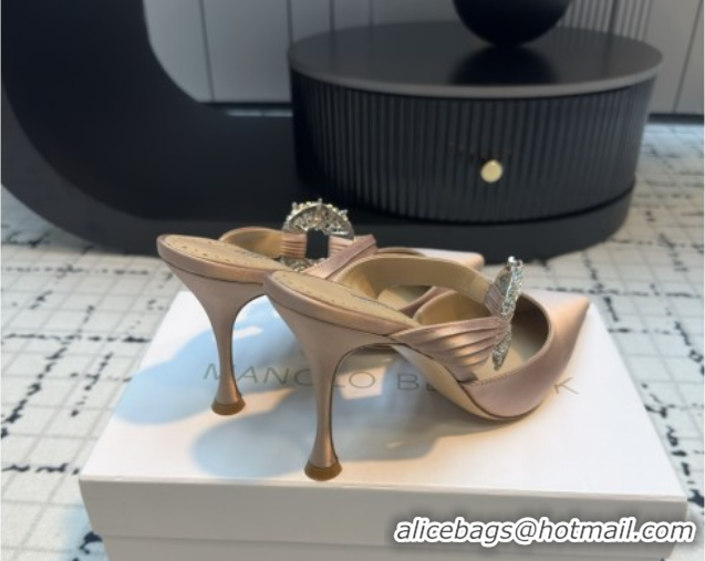 Classic Hot Manolo Blahnik Crystals Embellished Mules in Satin 9cm Heel 5112514 Nude 2026