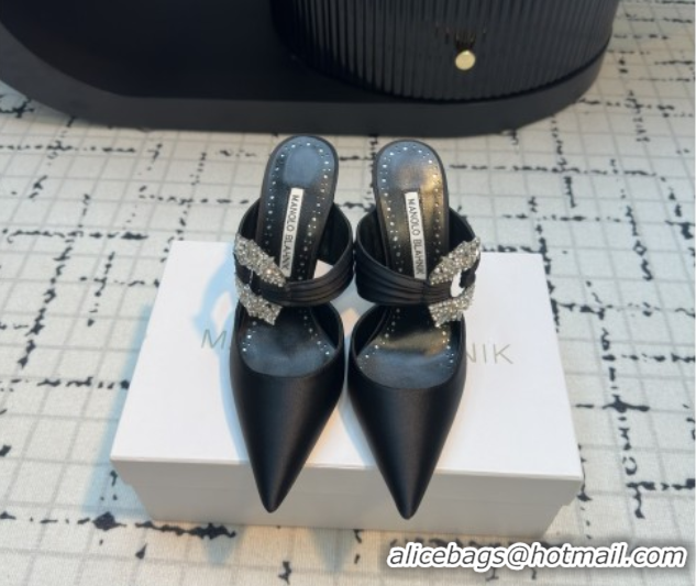 Sophisticated Manolo Blahnik Crystals Embellished Mules in Satin 9cm Heel 5112517 Black 2026