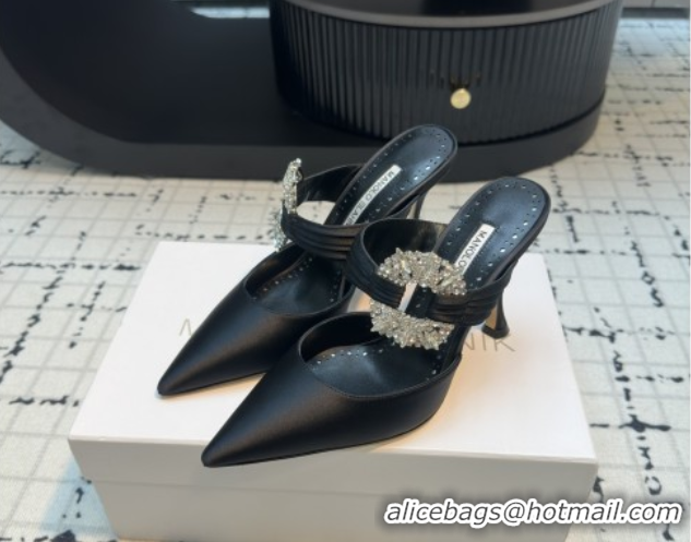 Sophisticated Manolo Blahnik Crystals Embellished Mules in Satin 9cm Heel 5112517 Black 2026