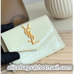 Super Quality Saint Laurent Uptown Flap Card Case in Crocodile Embossed Leather 582305 White 2026