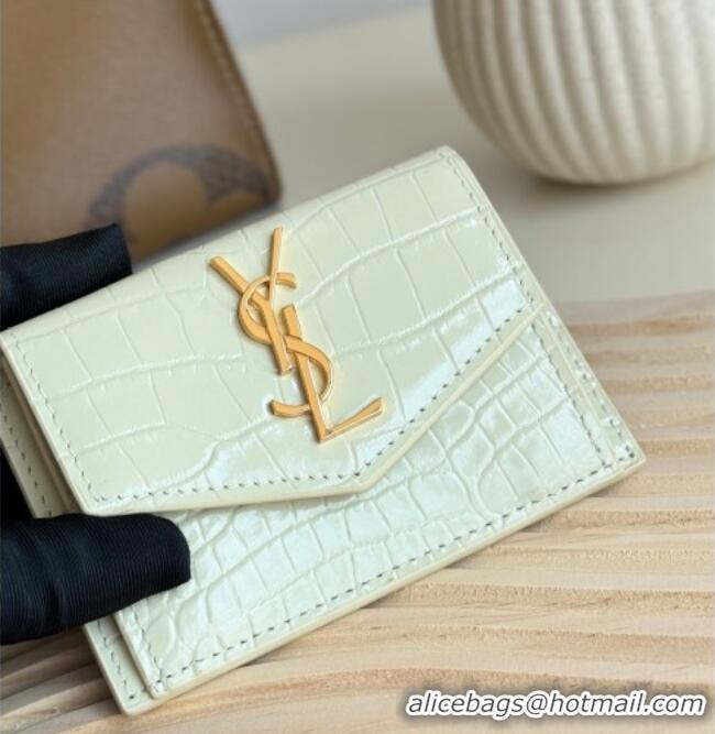 Super Quality Saint Laurent Uptown Flap Card Case in Crocodile Embossed Leather 582305 White 2026