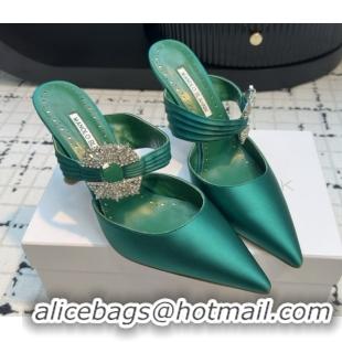 Grade Manolo Blahnik Crystals Embellished Mules in Satin 9cm Heel 5112517 Green 2026