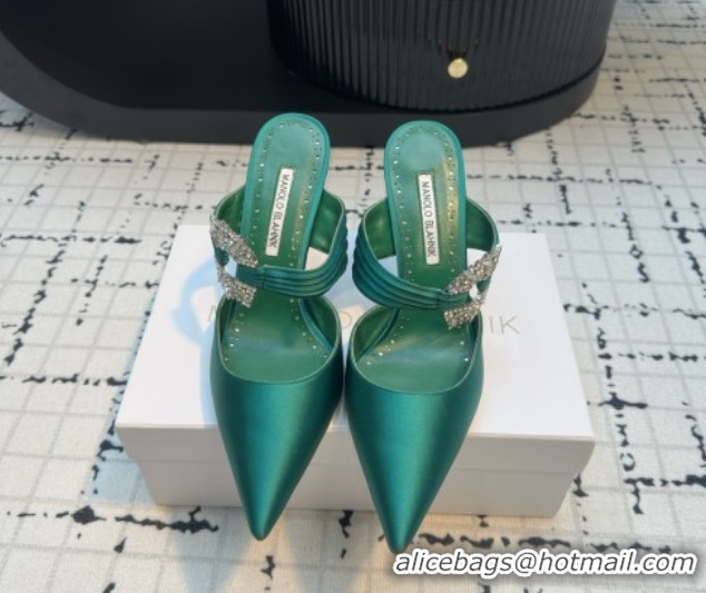 Grade Manolo Blahnik Crystals Embellished Mules in Satin 9cm Heel 5112517 Green 2026