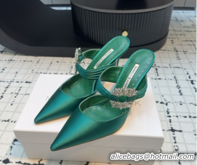 Grade Manolo Blahnik Crystals Embellished Mules in Satin 9cm Heel 5112517 Green 2026