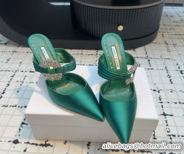 Grade Manolo Blahnik Crystals Embellished Mules in Satin 9cm Heel 5112517 Green 2026