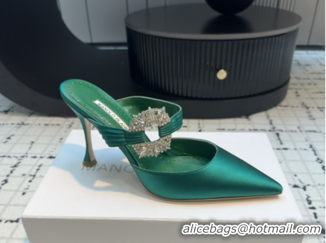 Grade Manolo Blahnik Crystals Embellished Mules in Satin 9cm Heel 5112517 Green 2026