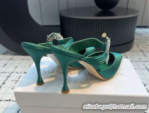 Grade Manolo Blahnik Crystals Embellished Mules in Satin 9cm Heel 5112517 Green 2026