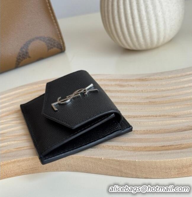 Grade Design Saint Laurent Uptown Flap Card Case in Grained Leather 582305 Black/Silver 2026