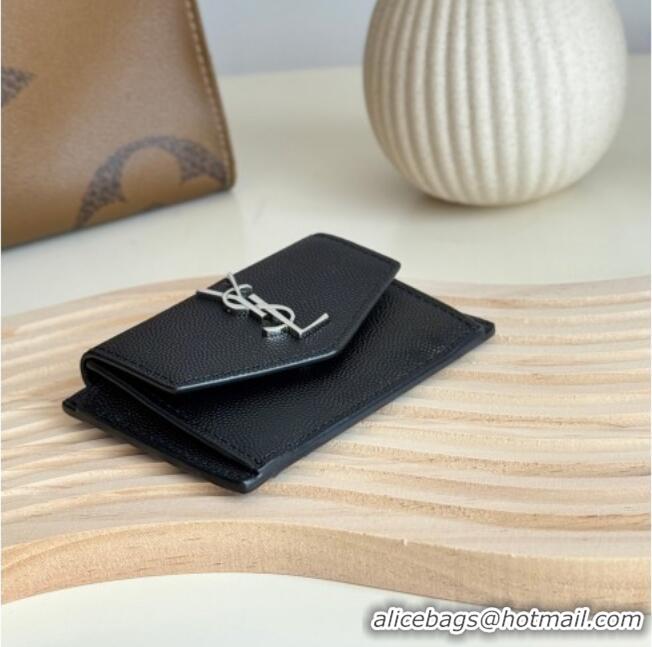 Grade Design Saint Laurent Uptown Flap Card Case in Grained Leather 582305 Black/Silver 2026