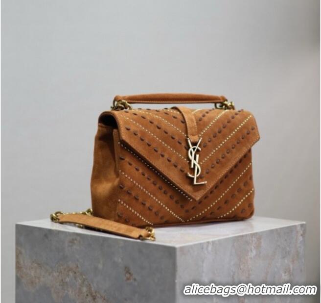 Inexpensive Saint Laurent Medium Monogram College Bag in Suede with Topstitching and Studs 392737 Caramel 2026