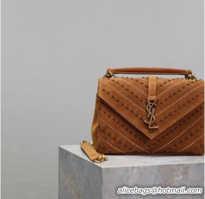 Inexpensive Saint Laurent Medium Monogram College Bag in Suede with Topstitching and Studs 392737 Caramel 2026