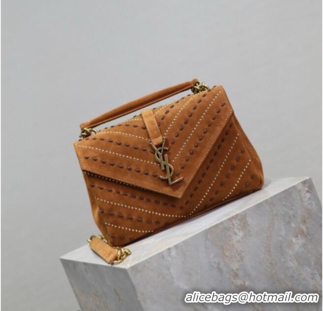 Inexpensive Saint Laurent Medium Monogram College Bag in Suede with Topstitching and Studs 392737 Caramel 2026