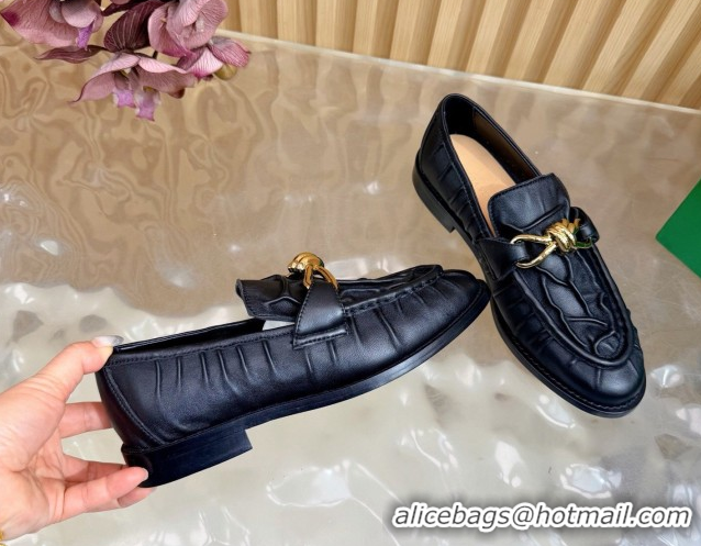 Grade Quality Bottega Veneta Astaire Loafers with Gold-Tone Knot Buckle in Crinkled Leather 843945 Black 2026
