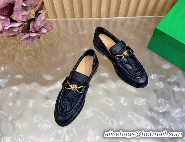 Grade Quality Bottega Veneta Astaire Loafers with Gold-Tone Knot Buckle in Crinkled Leather 843945 Black 2026