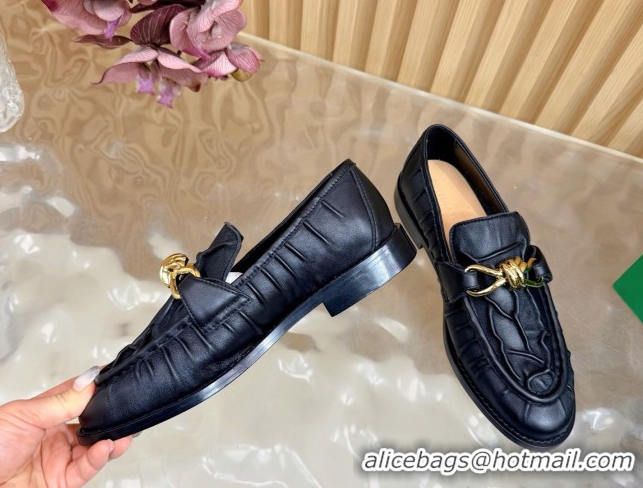 Grade Quality Bottega Veneta Astaire Loafers with Gold-Tone Knot Buckle in Crinkled Leather 843945 Black 2026
