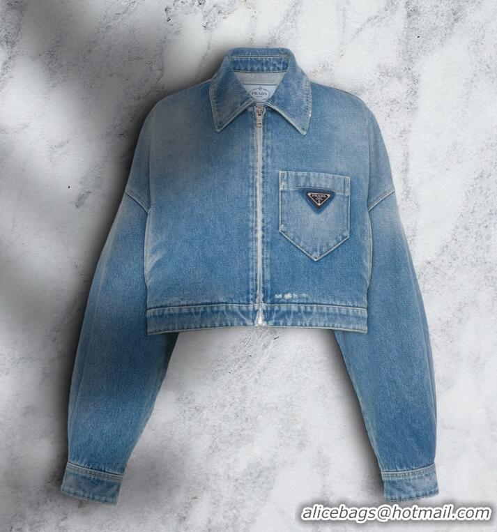 Fashion Discount Prada Cropped Organic Cotton Denim Jacket 16917 Blue