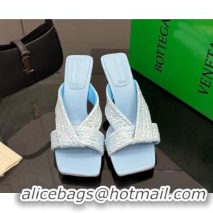 Good Quality Bottega Veneta Riva Heel Slides Sandal 9.5cm in Braided Straw 861494 Light Blue 2026 