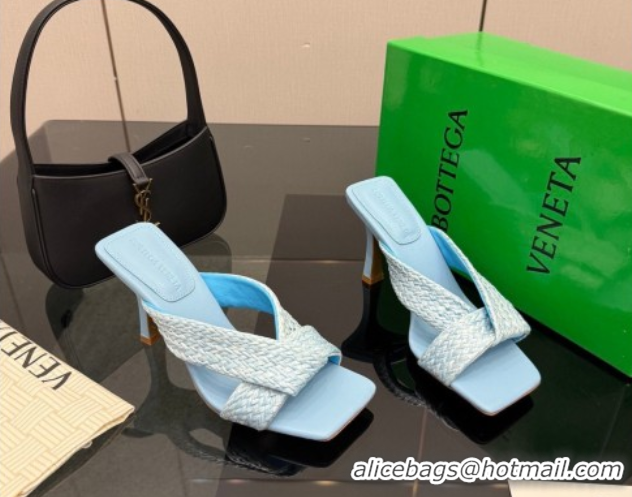 Good Quality Bottega Veneta Riva Heel Slides Sandal 9.5cm in Braided Straw 861494 Light Blue 2026 