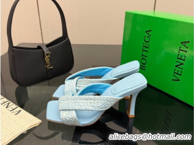 Good Quality Bottega Veneta Riva Heel Slides Sandal 9.5cm in Braided Straw 861494 Light Blue 2026 