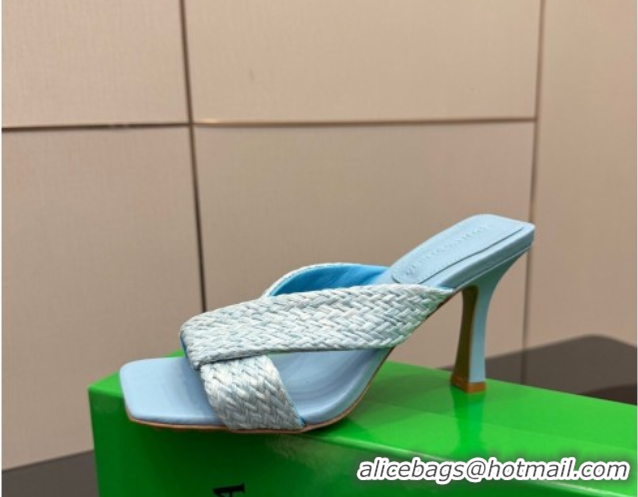 Good Quality Bottega Veneta Riva Heel Slides Sandal 9.5cm in Braided Straw 861494 Light Blue 2026 