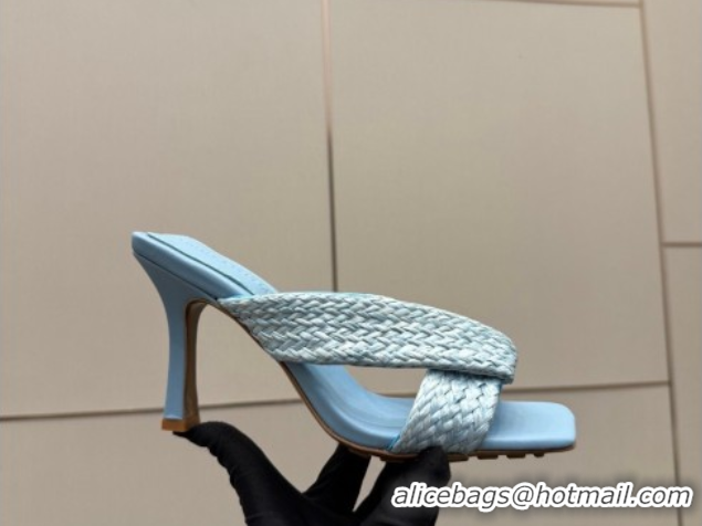 Good Quality Bottega Veneta Riva Heel Slides Sandal 9.5cm in Braided Straw 861494 Light Blue 2026 