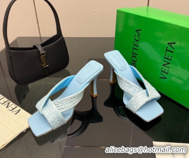 Good Quality Bottega Veneta Riva Heel Slides Sandal 9.5cm in Braided Straw 861494 Light Blue 2026 