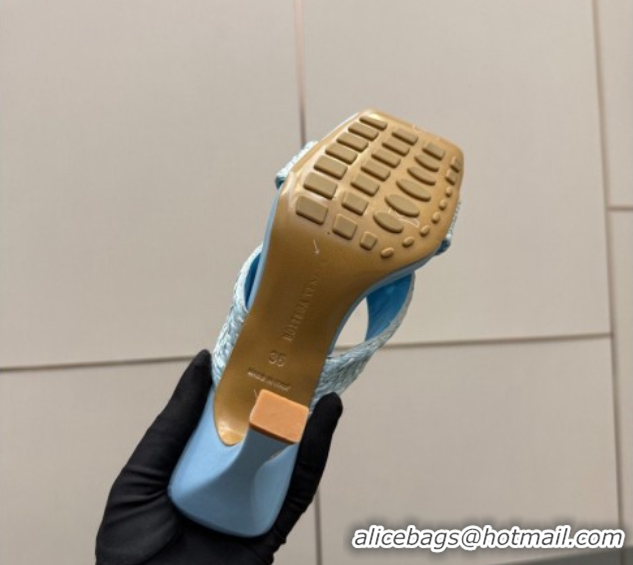 Good Quality Bottega Veneta Riva Heel Slides Sandal 9.5cm in Braided Straw 861494 Light Blue 2026 