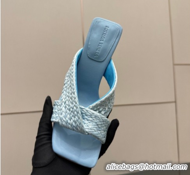 Good Quality Bottega Veneta Riva Heel Slides Sandal 9.5cm in Braided Straw 861494 Light Blue 2026 