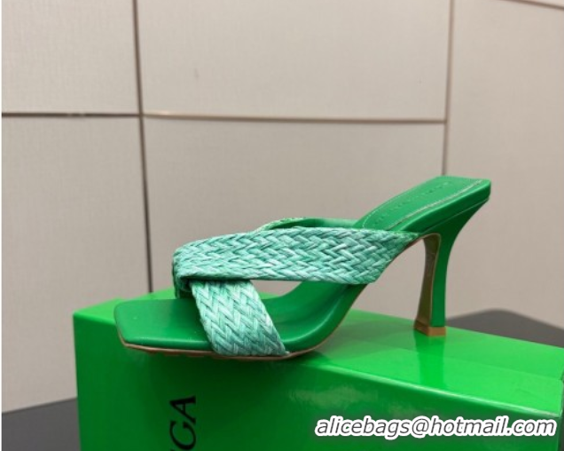 Pretty Style Bottega Veneta Riva Heel Slides Sandal 9.5cm in Braided Straw 861494 Green 2026