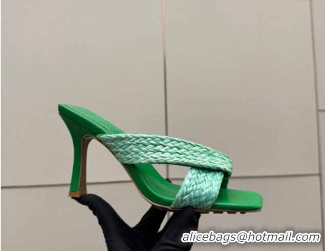 Pretty Style Bottega Veneta Riva Heel Slides Sandal 9.5cm in Braided Straw 861494 Green 2026