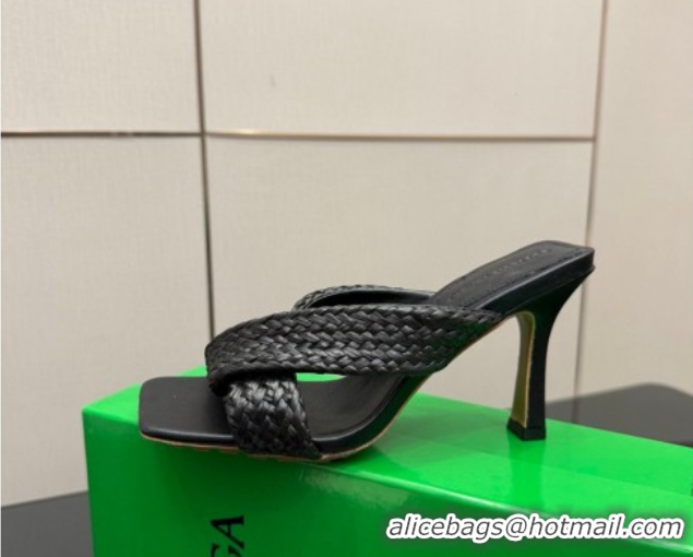 Good Looking Bottega Veneta Riva Heel Slides Sandal 9.5cm in Braided Straw 861494 Black 2026