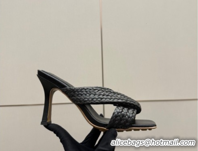 Good Looking Bottega Veneta Riva Heel Slides Sandal 9.5cm in Braided Straw 861494 Black 2026