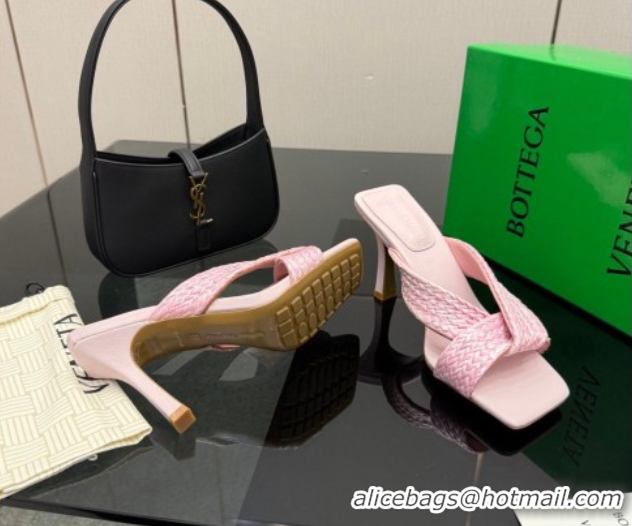 Best Grade Bottega Veneta Riva Heel Slides Sandal 9.5cm in Braided Straw 861494 Pink 2026